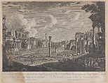 View of the Campo Vaccino, with the Colosseum in the background and the ruins of the Temple of Castor and Pollux at right, François Morel  French, Etching