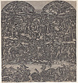 The Last Judgment, Christ at top center surrounded by many figures, below figures sound trumpets and people are being forced from the boat into hell, Anonymous, Engraving