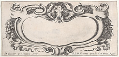 Plate 6: a cartouche with a ram skull at top center, grapes and other fruits to either side, from "Twelve cartouches" (Recueil de douze cartouches), François Collignon (French, Nancy ca. 1610–1687 Rome), Etching; second state of four