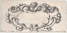 Plate 8: a cartouche with the head of an old man at top center, scrollwork to either side, from 