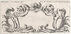 Plate 10: a cartouche with the heads of two lions in profile to left and right in the center, two chimera heads to either side below with their mouths around empty escutcheons, from "Twelve cartouches" (Recueil de douze cartouches), François Collignon (French, Nancy ca. 1610–1687 Rome), Etching; second state of four