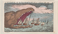 Lose their Compass, their ships slips between the teeth of a fish unknown in this part of the world, Thomas Rowlandson British, Hand-colored etching; reissue