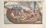 Bathes in the Mediterranean, is swallowed by a fish, from which he is extricated by dancing a hornpipe, Thomas Rowlandson  British, Hand-colored etching; reissue