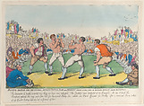 Boxing Match for 200 Guineas, Betwixt Dutch Sam and Medley Fought 31 May 1810, on Moulsey Hurst Near Hampton, Thomas Rowlandson (British, London 1757–1827 London), Hand-colored etching