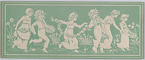 Valentine, Kate Greenaway  British, White card, figures shown in raised cameo embossing; printed with green background.