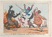 Plump to the Devil We Boldly Kick'd Both Nap and His Partner Joe, Thomas Rowlandson British, Hand-colored etching