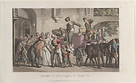 Liberality to infirm beggars on leaving Yrvi, from "Journal of Sentimental Travels in the Southern Provinces of France, Shortly Before the Revolution", Thomas Rowlandson British, Hand-colored etching and aquatint