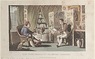 Quae Genus Reading to Sir Jeffery Gourmand, Thomas Rowlandson British, Hand-colored etching and aquatint