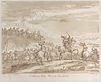 Cavalry advancing to the charge, with a central figure on horseback raising a sword, Arthur Pond  British, Etching and woodcut