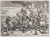 Plate 5: the wounded chief commander lies on the ground, while the battle goes on at right, Jacques Courtois French, Etching
