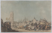 The Overdrove Ox (Mad Bull on Westminster Bridge), Thomas Rowlandson  British, Hand-colored etching and aquatint