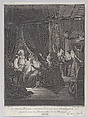 Plate 27: Doña Rodriguez, who is speaking at night with Don Quixote, is surprised by the ladies of the Duchess (La Dame Rodrigue, s'entretenant de nuit avec Don Quichotte, est suprise par les Demoiselles de las Duchesse), Bernard Picart  French, Etching and engraving
