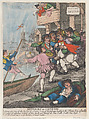 Miseries of London: Entering upon any of the bridges of London or any of the passages leading to the Thames being assailed by a group of watermen holding up their hands and bawling out. Oars Sculls. Sculls. Oars. Oars., Thomas Rowlandson British, Hand-colored etching
