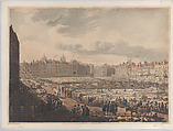 A Bird's Eye View of Smithfield Market, Taken from the Bear & Ragged Staff, Thomas Rowlandson  British, Hand-colored etching and aquatint