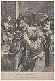 Man drinking soup while two people watch him, Pierre Daret French, Engraving