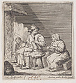 A family of four peasants gathered before the fireplace, Jacques Dassonville  French, Etching; second state of two