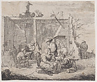 A dilapidated building with eight peasants engaged in various activities, Jacques Dassonville French, Etching