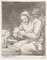 An old woman holding a glass and a piece of paper, a child at left and a man behind her at right, Jacques Dassonville French, Etching