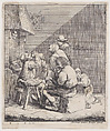 Seven peasants in a rustic interior with a man lighting a pipe, Jacques Dassonville  French, Etching