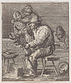 Rustic interior with a peasant seated on bench at center holding a jug and a pipe, Jacques Dassonville French, Etching