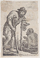 A beggar on crutches holding out a bowl, Jacques Dassonville French, Etching