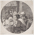 Rustic interior with an old woman holding music and singing in the foreground, Jacques Dassonville French, Etching