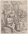 Nine peasants outside of a rustic house, with a seated man holding a pint and giving a glass to a woman in the foreground, Jacques Dassonville French, Etching
