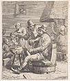 Nine peasants in a rustic interior with, with a man putting a pipe into the mouth of a seated man, Jacques Dassonville French, Etching