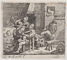 Twelve peasants in a rustic interior with a man looking through a window at upper right, Jacques Dassonville French, Etching