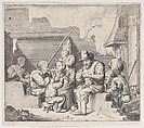 Ten peasants in a ruined house with a seated man at center reading a paper, Jacques Dassonville French, Etching