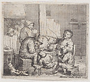 Seven peasant figures in a rustic interior, some of whom play instrument, Jacques Dassonville  French, Etching