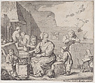 Peasant woman, seated, and cooking, with three children and a man around her, Jacques Dassonville  French, Etching; second state of two