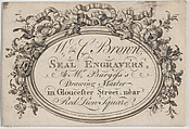Trade card for W & C Bronn, seal engravers, Anonymous, British, 18th century British, Engraving