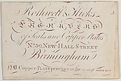 Trade Card for Rothwell & Hicks, engravers, Anonymous, British, 18th century  British, Engraving