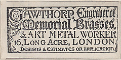 Trade card for Gawthorp, Engraver and Art Metal worker, Anonymous, British, 19th century British, Engraving