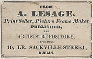 Trade Card for A. Lesage, Printseller, Framer, and Publisher, Anonymous, British, 19th century British, Engraving