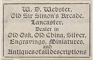 Trade Card for W. D. Webster, Antique Dealer, Anonymous, British, 19th century British, Lithograph