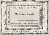 Trade Card for Mr. Samuel Morris, Anonymous, British, 18th century  British, Engraving