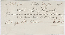 Trade Card for John Hancock, Engraver, Letter Press & Copper Plate Printer, Anonymous, British, early 19th century  British, Engraving