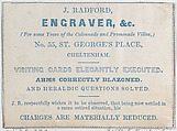Trade Card for J. Radford, Engraver, Anonymous, British, 19th century  British, Engraving