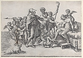 The marriage of Alexander and Roxana; Alexander surrounded by putti, offering a crown to Roxana who is seated at right, Giovanni Jacopo Caraglio  Italian, Engraving