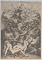 Allegory of the Immaculate Conception, with Adam, Eve, kings, priest, soldier and Moses tied at the bottom of a fig tree, and the Virgin sitting on cloud overhead, surrounded by angels, Philippe Thomassin French, Engraving