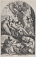 The Entombment, with Christ's body carried on a sheet at center, the three Maries in the foreground, and an angel overhead, Jacob Matham Netherlandish, Engraving