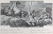 Plate 34: Auriga, the charioteer, falls from the chariot at center, with three horses at left, Bartolomeo Crivellari  Italian, Etching and engraving
