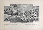 Plate 34: Auriga, the charioteer, falls from the chariot at center, with three horses at left, Sebastiano Gamma  Italian, Etching and engraving