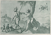 Venus and Adonis (?), nude in a landscape with a dog at left and Cupid at upper right, Andrea Scacciati  Italian, Etching and aquatint in green
