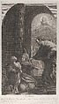 Saint Anne kneeling holding the Virgin, with Saint Joachim holding his staff at right, Giuliano Traballesi  Italian, Etching and engraving