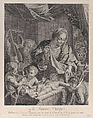 The Virgin holding a cloth above the sleeping Christ child, with musical angels and the infant Saint John the Baptist, Nicolas Pigné French, Etching