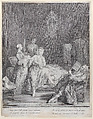 A woman getting out of bed in an elegant interior, with two servants about to help her get dressed, while her husband sits in an armchair at right, Charles Joseph Flipart French, Etching