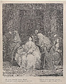 The Meeting, a man bows before a seated woman at center, while couples wearing masks converse in the background, Charles Joseph Flipart French, Etching